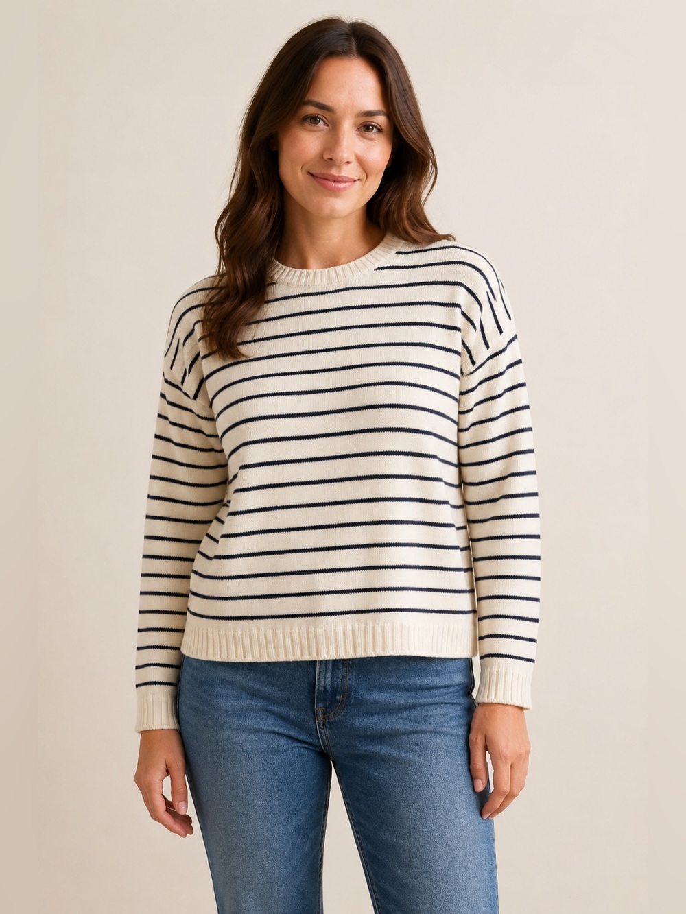 Vineyard Vines Women’s M Ivory Navy Striped Crewneck Cotton Blend Sweater
